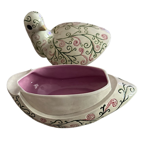 Hand Painted & Engraved Ceramic Dove Bird Trinket Box Dish 7” - Picture 6 of 8